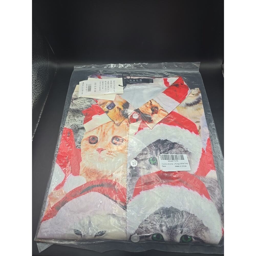 SSLR Men's Cat Santa Hats Hawaiian Christmas Shirt Party Short Sleeve‎ 3XL